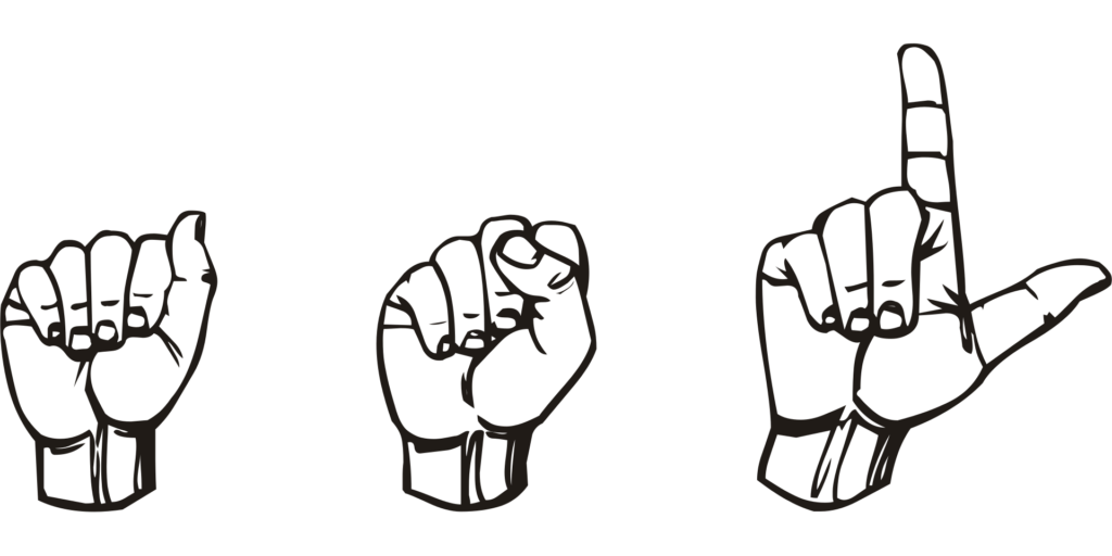 This is an image of three hands that spell out "ASL" in American Sign Language.